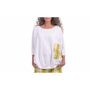 Alembika Plaid Patch Tunic Top White Cotton Blend 3/4 Sleeve Size 12